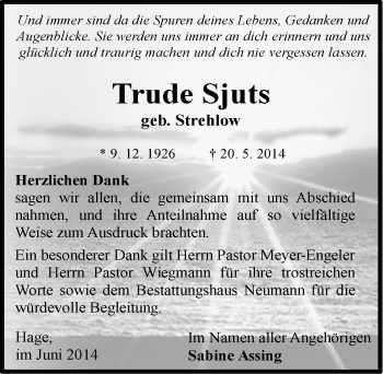 Traueranzeige von Trude Sjuts von Osfriesischer Kurier