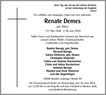Traueranzeige von Renate Demes von Ostfriesischer Kurier