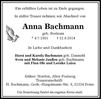 Traueranzeige von Anna Bachmann von Osfriesischer Kurier