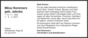 Traueranzeige von Mina Hommers von Osfriesischer Kurier