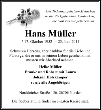 Traueranzeige von Hans Müller von Osfriesischer Kurier