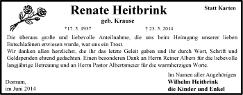 Traueranzeige von Renate Heitbrink von Osfriesischer Kurier