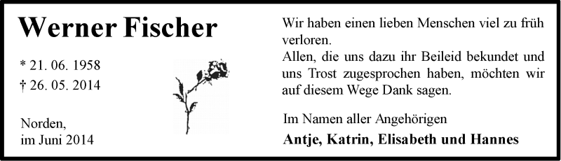  Traueranzeige für Werner Fischer vom 28.06.2014 aus Osfriesischer Kurier