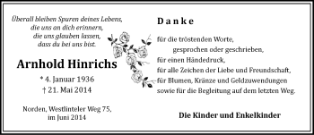 Traueranzeige von Arnhold Hinrichs von Osfriesischer Kurier
