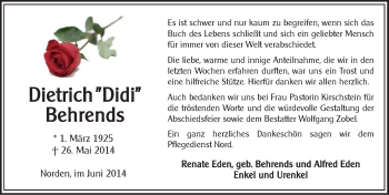 Traueranzeige von Diedrich Behrends von Osfriesischer Kurier