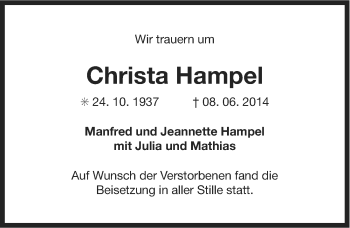Traueranzeige von Christa Hampel von Osfriesischer Kurier