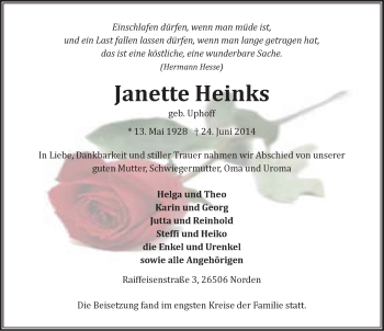 Traueranzeige von Janette Heinks von Osfriesischer Kurier