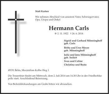 Traueranzeige von Hermann Carls von Ostfriesischer Kurier