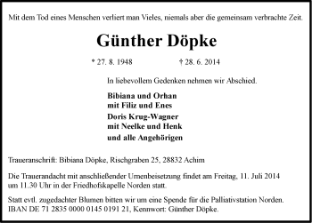 Traueranzeige von Günther Döpke von Ostfriesischer Kurier
