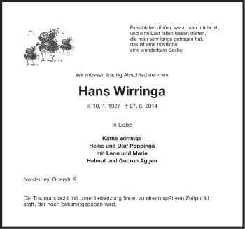 Traueranzeige von Hans Wirringa von Ostfriesischer Kurier