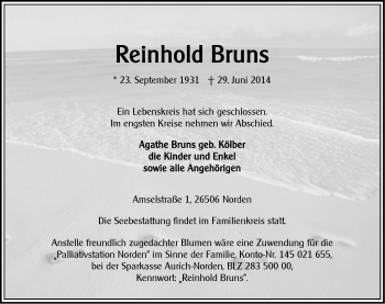 Traueranzeige von Reinhold Bruns von Ostfriesischer Kurier