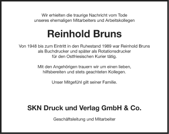 Traueranzeige von Reinhold Bruns von Ostfriesischer Kurier