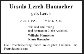 Traueranzeige von Ursula Lerch-Hamacher von Ostfriesischer Kurier