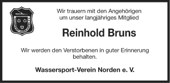 Traueranzeige von Reinhold Bruns von Ostfriesischer Kurier
