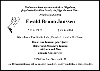Traueranzeige von Ewald Bruno Janssen von Osfriesischer Kurier