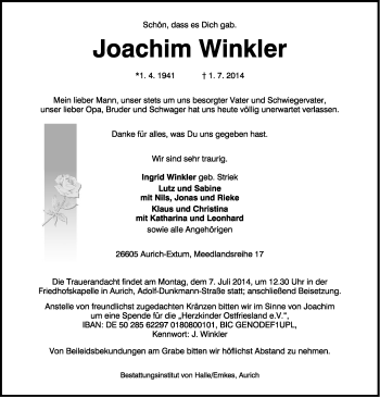 Traueranzeige von Joachim Winkler von Osfriesischer Kurier