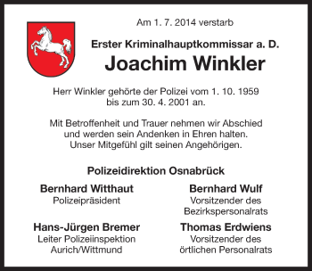 Traueranzeige von Joachim Winkler von Ostfrisischer Kurier