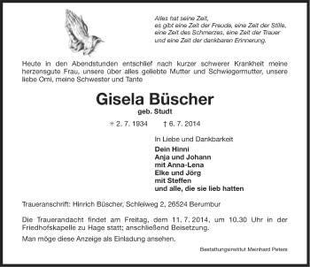 Traueranzeige von Gisela Büscher von Ostfriesischer Kurier