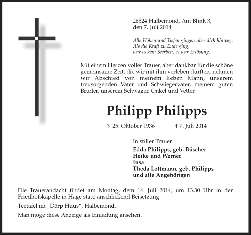  Traueranzeige für Philipp Philipps vom 09.07.2014 aus Ostfriesischer Kurier