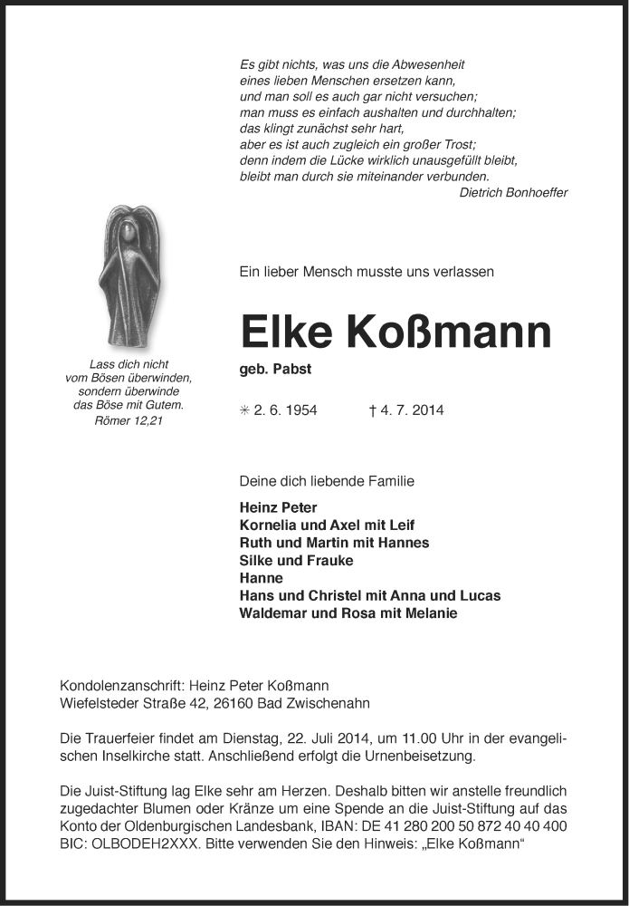  Traueranzeige für Elke Koßmann vom 09.07.2014 aus Ostfriesischer Kurier