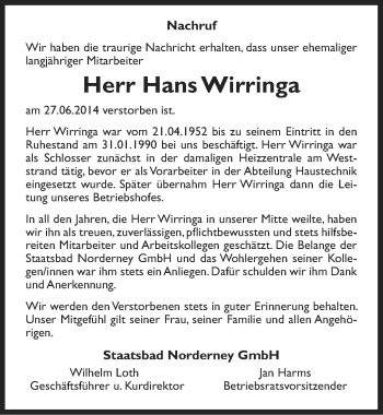 Traueranzeige von Hans Wirringa von Ostfriesischer Kurier