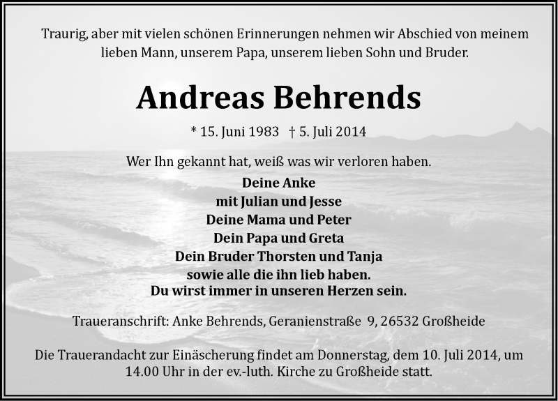  Traueranzeige für Andreas Behrends vom 09.07.2014 aus Ostfriesischer Kurier