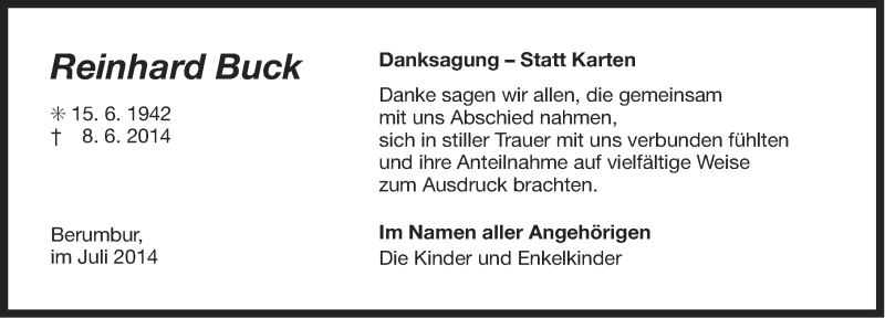  Traueranzeige für Reinhard Buck vom 12.07.2014 aus Ostfriesischer Kurier
