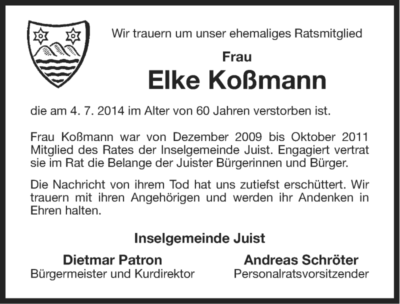  Traueranzeige für Elke Koßmann vom 10.07.2014 aus Ostfriesischer Kurier