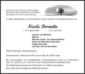 Traueranzeige von Nicole Dornette von Ostfriesischer Kurier