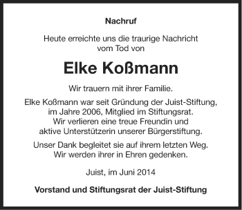 Traueranzeige von Elke Koßmann von Ostfriesischer Kurier