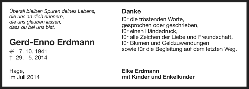  Traueranzeige für Gerd-Enno Erdmann vom 12.07.2014 aus Ostfriesischer Kurier