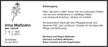 Traueranzeige von Irma Maltzahn von Ostfriesischer Kurier