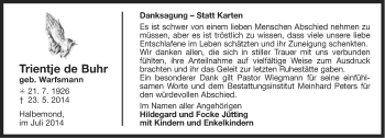Traueranzeige von Trientje de Buhr von Ostfriesischer Kurier