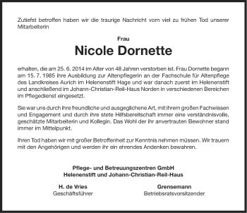 Traueranzeige von Nicole Dornette von Ostfriesischer Kurier