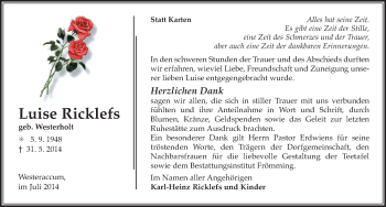 Traueranzeige von Luise Ricklefs von Ostfriesischer Kurier