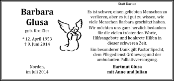 Traueranzeige von Barbara Glusa von Ostfriesischer Kurier