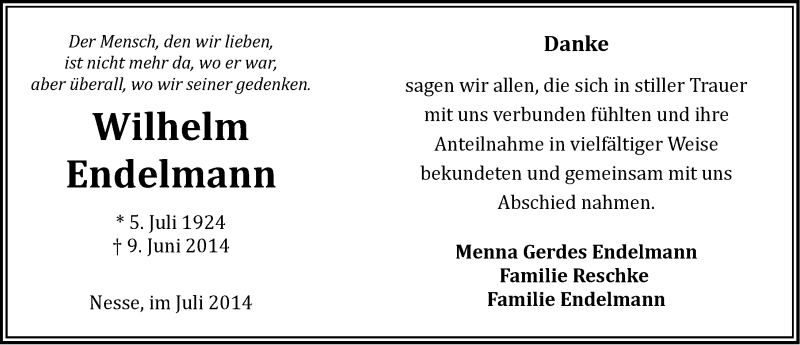  Traueranzeige für Familie Reschke vom 12.07.2014 aus Ostfriesischer Kurier