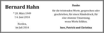 Traueranzeige von Bernard Hahn von Ostfriesischer Kurier