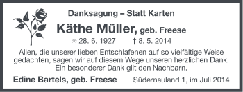 Traueranzeige von Käthe Müller von Ostfriesischer Kurier