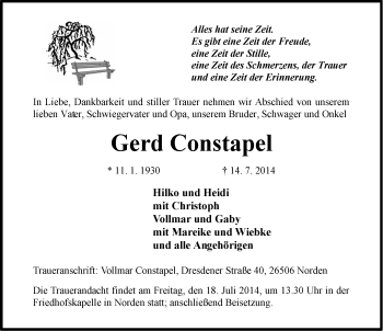Traueranzeige von Gerd Constapel von Ostfriesischer Kurier