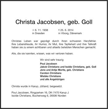 Traueranzeige von Christa Jacobsen von Ostfriesischer Kurier