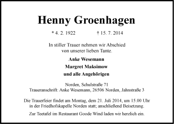 Traueranzeige von Henny Groenhagen von Ostfriesischer Kurier