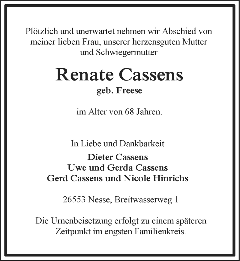 Traueranzeige für Renate Cassens vom 17.07.2014 aus Ostfriesischer Kurier