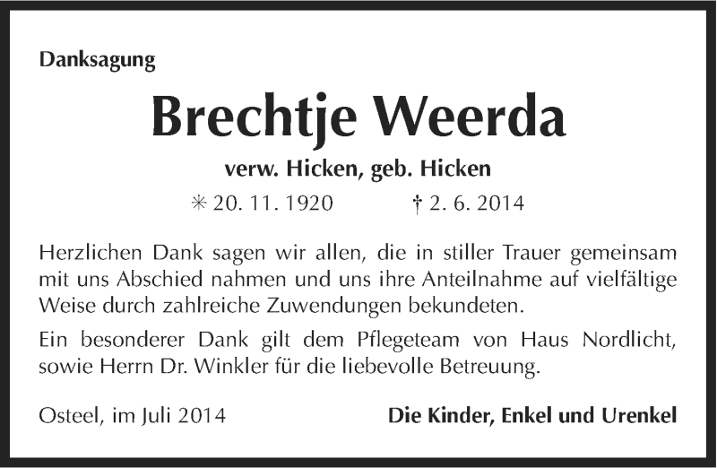  Traueranzeige für Brechtje Weerda vom 19.07.2014 aus Ostfriesischer Kurier