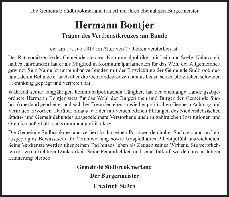  Traueranzeige für Hermann Bontjer vom 18.07.2014 aus Ostfriesischer Kurier