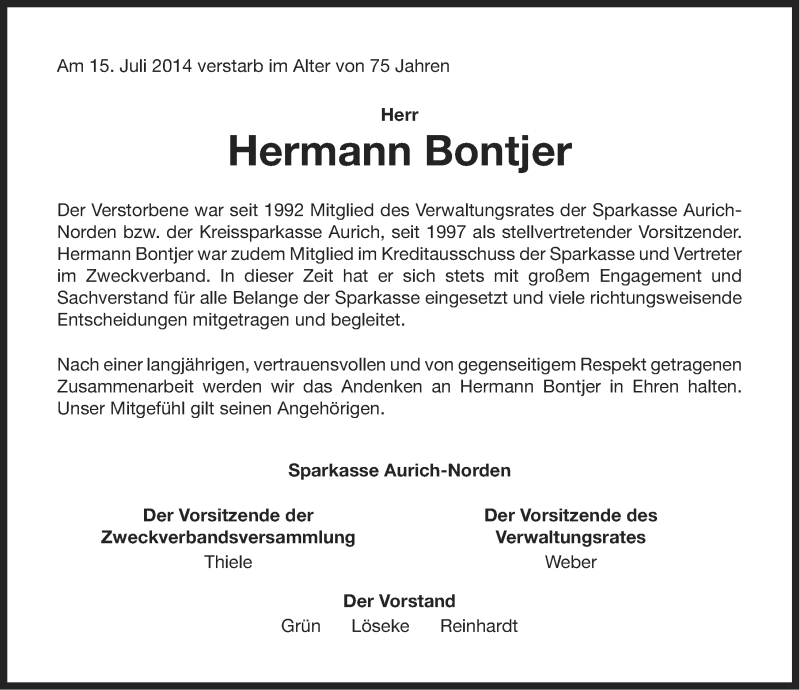  Traueranzeige für Hermann Bontjer vom 18.07.2014 aus Ostfriesischer Kurier
