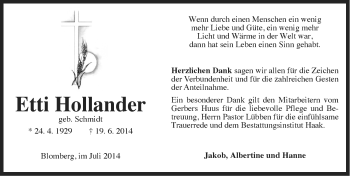 Traueranzeige von Etti Hollander von Ostfriesischer Kurier