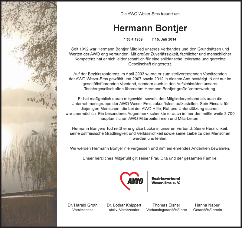  Traueranzeige für Hermann Bontjer vom 18.07.2014 aus Ostfriesischer Kurier