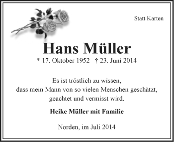 Traueranzeige von Hans Müller von Ostfriesischer Kurier