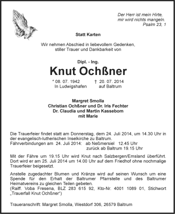 Traueranzeige von Knut Ochßner von Ostfriesischer Kurier